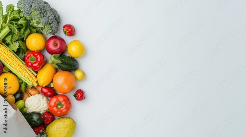 A pile of fresh fruits and vegetables spilling out of a grocery bag onto a clean white surface, with empty space for text overlay A pile of fresh fruits and vegetables spilling out of a grocery bag onto a clean white surface, with empty space for text overlay