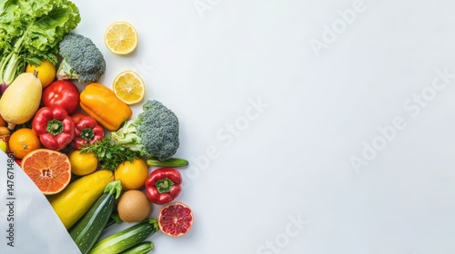 Fototapeta Naklejka Na Ścianę i Meble -  A pile of fresh fruits and vegetables spilling out of a grocery bag onto a clean white surface, with empty space for text overlay