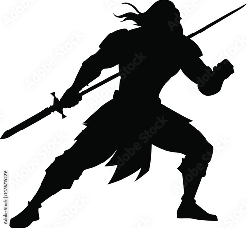 a sword warrior standing in an action pose as a black color silhouette