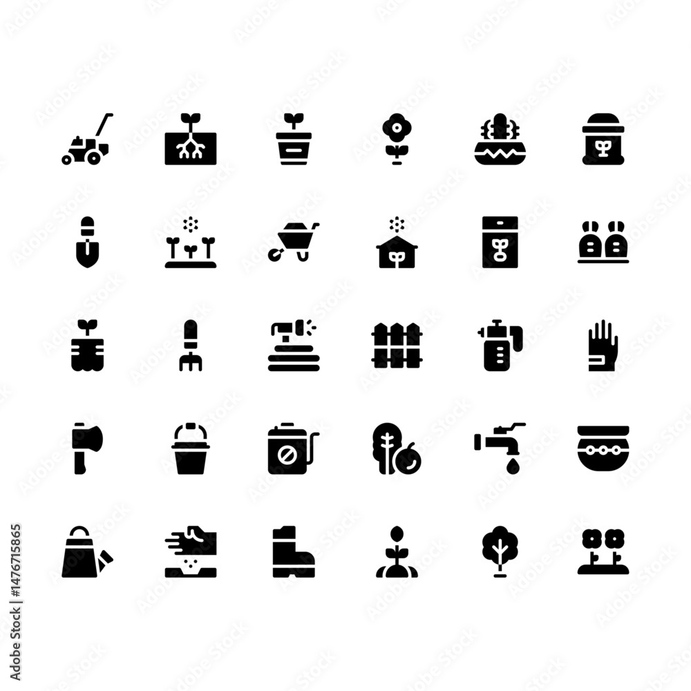 Obraz premium Gardening solid line icon set. garden glyph icon set.