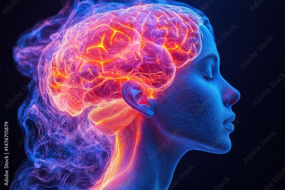 Visual representation of a vibrant brain in a human silhouette showcasing neurological activity against a dark background Visual representation of a vibrant brain in a human silhouette showcasing neurological activity against a dark background