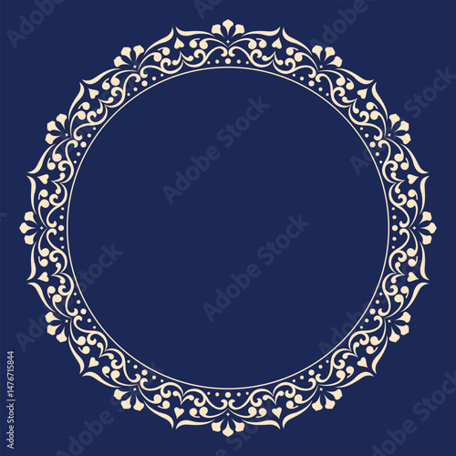 Decorative frame Elegant vector element for design in Eastern style, place for text. Floral golden and dark blue border. Lace illustration for invitations and greeting cards