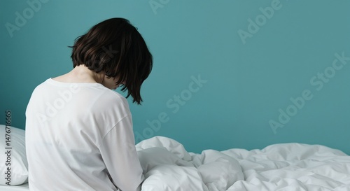 woman with short hair turning her back on bed, head slightly bowed, teal background, emotional solitude