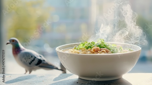 A steaming bowl of ramen noodles pushed aside on a busy street corner, attracting curious pigeons
