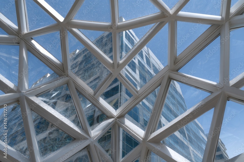 Naklejka premium Geometric Glass Structure Framing Modern Skyscraper: A Serene Architectural View