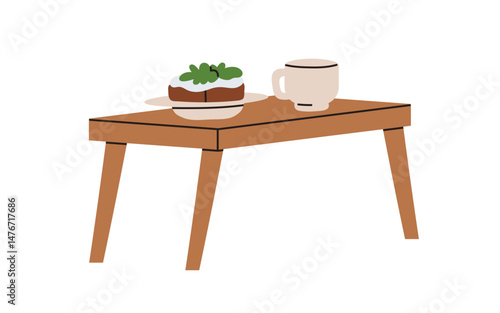 Bed tray, wooden table with legs for morning meal, breakfast, lunch serving. ...