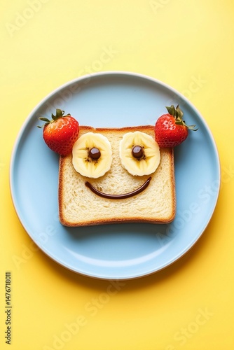 Creative breakfast idea with a smiling face made from toast, fruit, and chocolate spread for a fun morning treat Generative AI