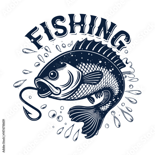 logo of a Louhan fish with a hook in its mouth and water splashes around it in a vintage style