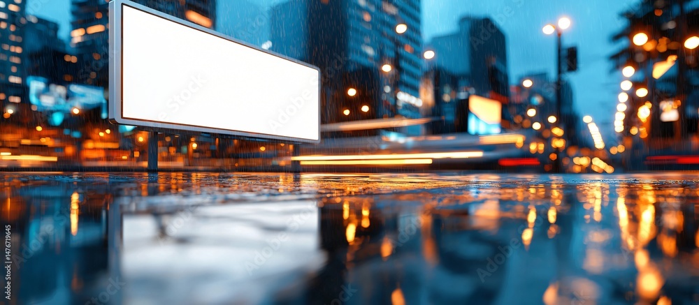 simple urban setting featuring billboard with white casing, wet concrete underfoot, traffic blur in background, sharp details for technology or digital ads simple urban setting featuring billboard with white casing, wet concrete underfoot, traffic blur in background, sharp details for technology or digital ads