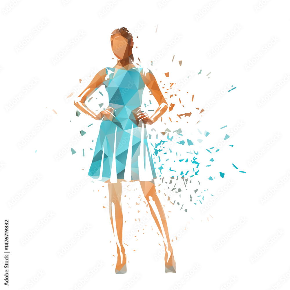 Young woman standing in turquoise summer dress. Hands on hips. Low polygonal isolated vector illustration, distortion effect