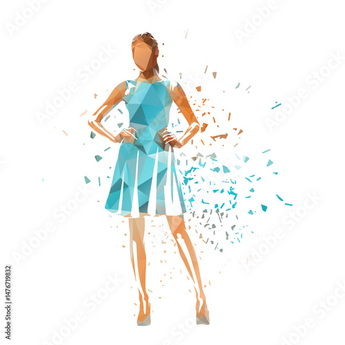 Obraz na płótnie Young woman standing in turquoise summer dress. Hands on hips. Low polygonal isolated vector illustration, distortion effect w salonie