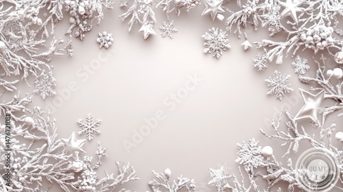 Wintery, snowy frame design with decorative elements.