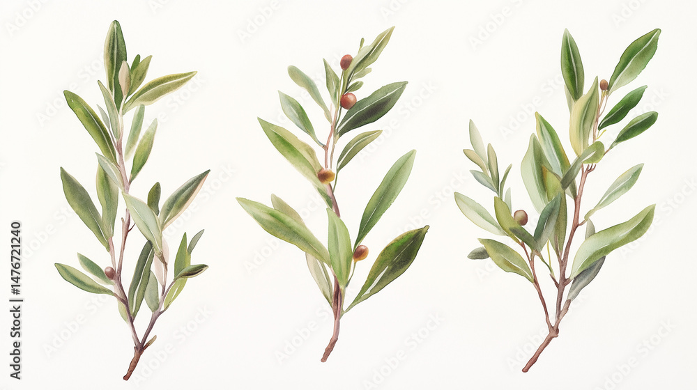 Fototapeta premium Elegant and organic, the watercolor olive branches are beautifully illustrated by hand.