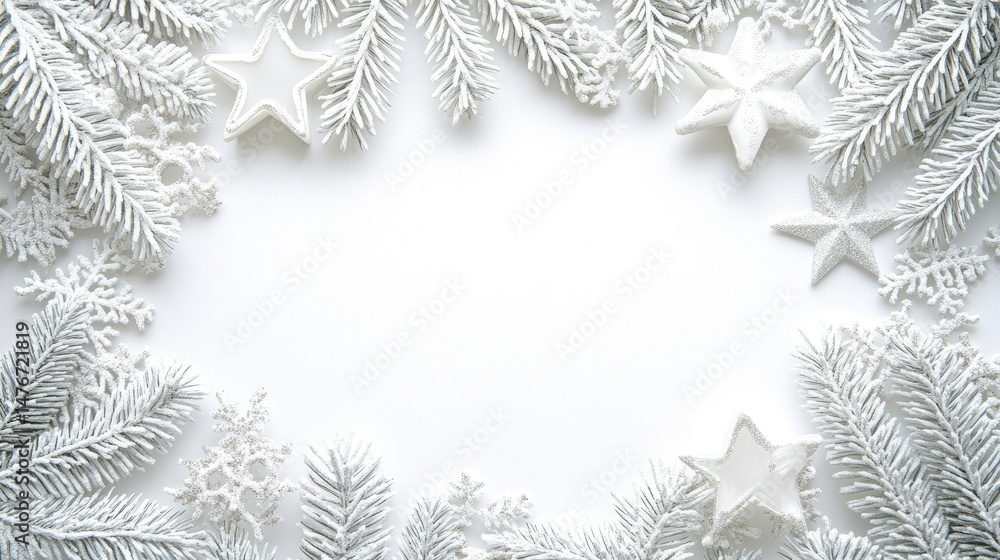 Elegant white holiday decorations create a festive frame. Elegant white holiday decorations create a festive frame.