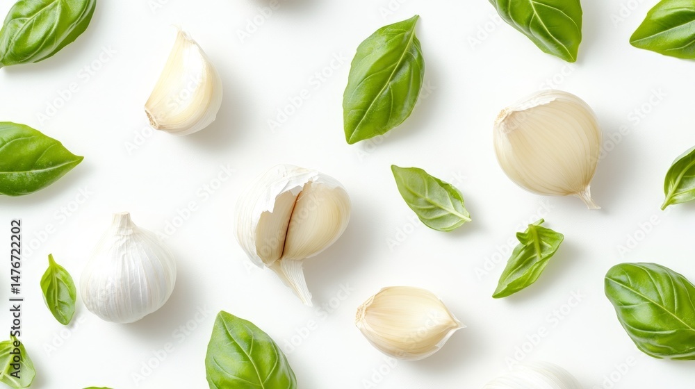 Fototapeta premium Overhead Flat Lay of Fresh Green Basil Leaves and White Garlic Cloves on White Surface for Culinary Use