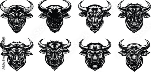 Bull Head Vector Icons – Strong and Fierce Horned Animal Art in Black and White Tattoo Style
