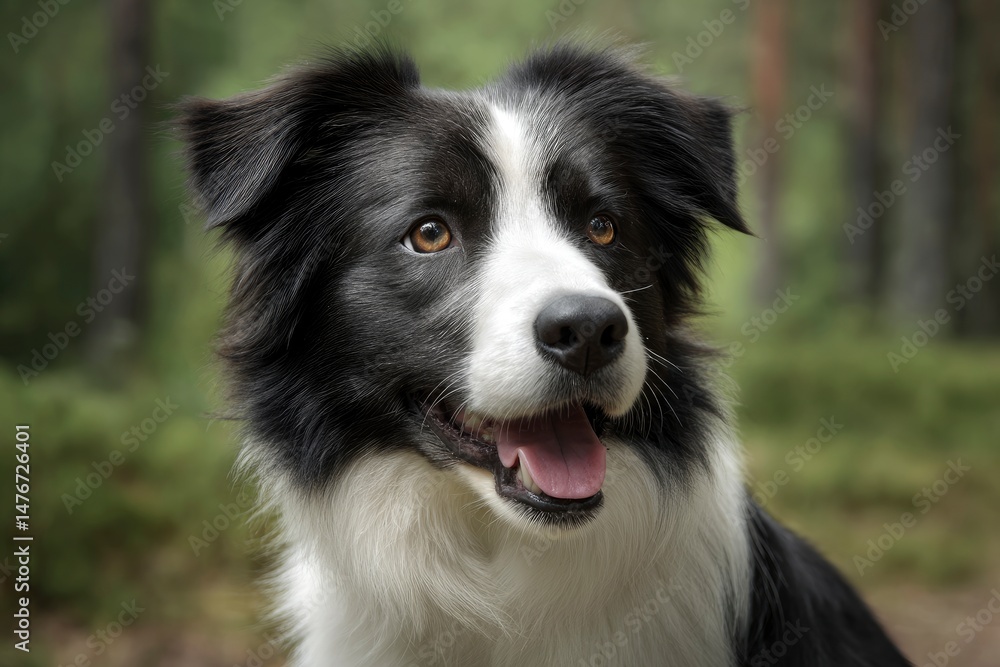 Border Collie Portrait: Serene Gaze in a Forest Setting Border Collie Portrait: Serene Gaze in a Forest Setting