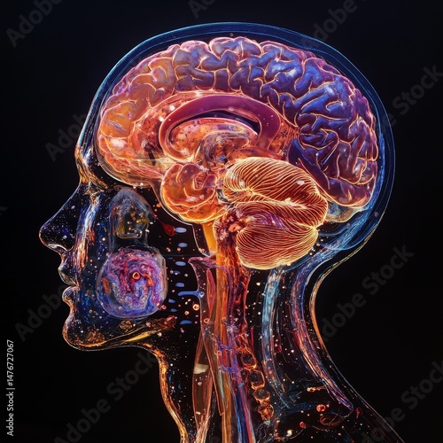 A  detailed anatomical illustration of a human head and brain.