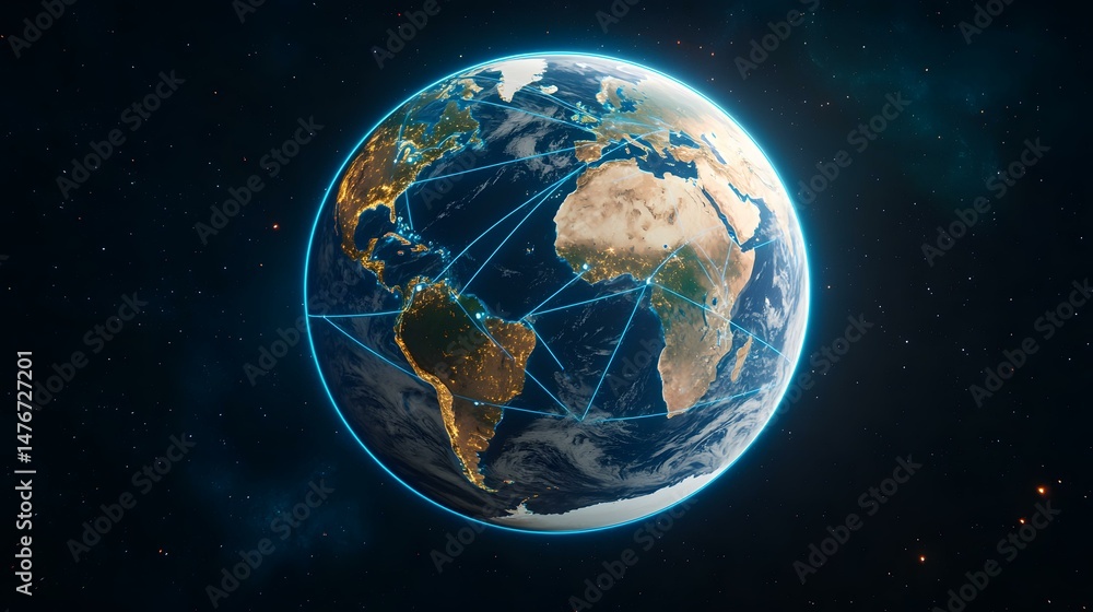 Obraz premium The image shows a digitally enhanced view of Earth from space, illuminated at night, with glowing lines connecting various points across the continents, suggesting global interconnectedness.