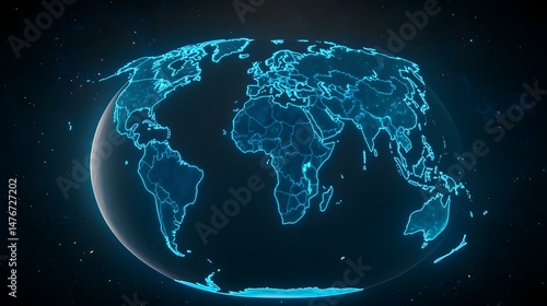 A digitally rendered, glowing blue outline of the world map, set against a dark, space-like background.