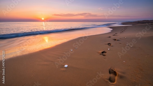 Wallpaper Mural Tranquil sunrise on pristine beach with footprints in the sand and seashells along the shoreline Torontodigital.ca