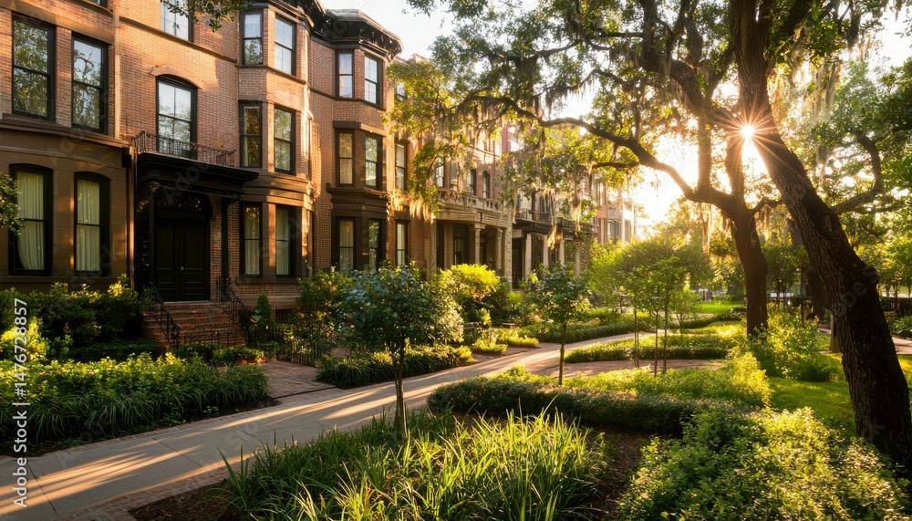 Obraz premium Sunny Row Houses in Garden Setting