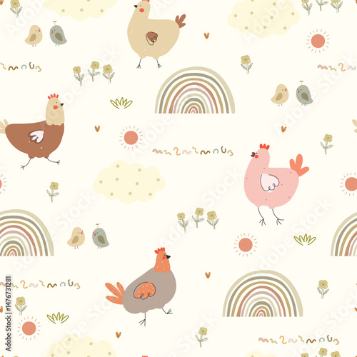 Seamless hand drawn pattern with chicken, small chiks, clouds, rainbows and hearts. Vector illustration with cute farm animals and plants	