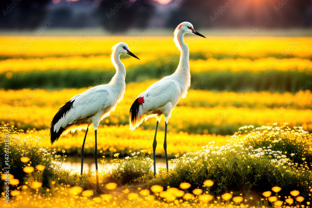 Fototapeta premium Cranes standing in yellow flower field