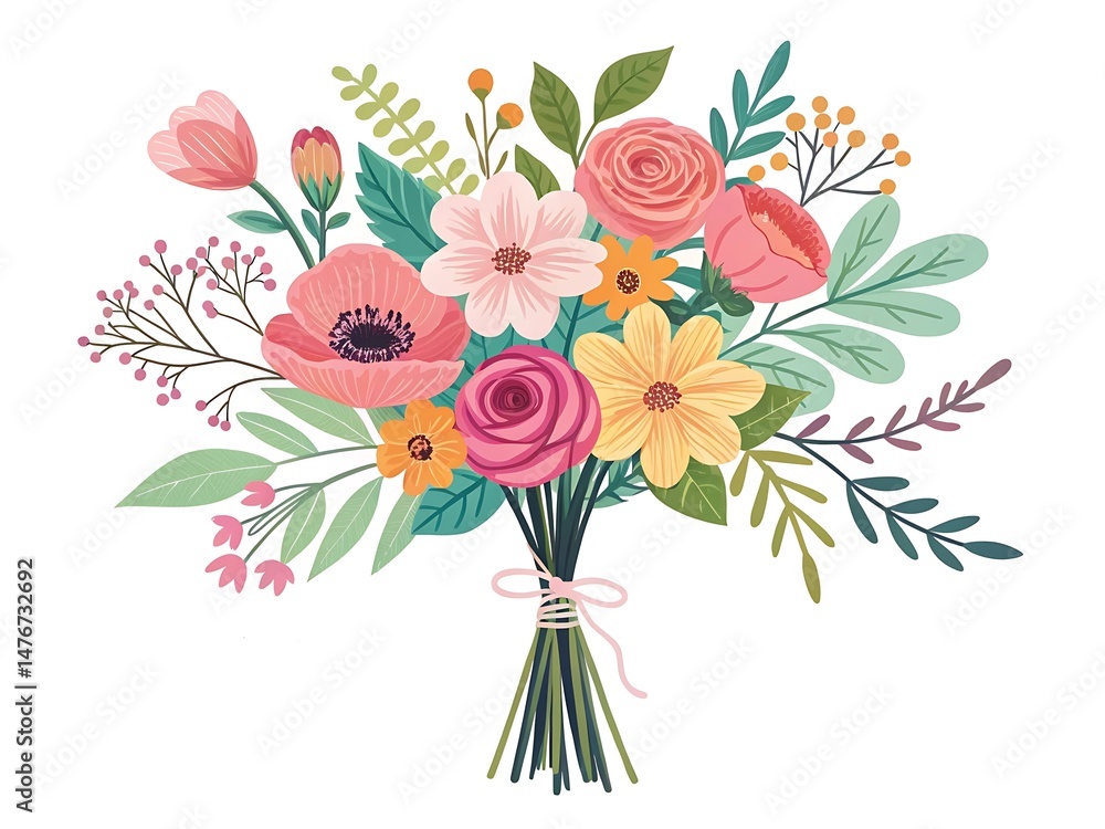 Obraz premium Charming Floral Bouquet with Roses, Poppies, and Lush Greenery Arrangement
