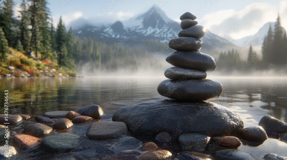 Stacked Rocks by Misty Lake Shoreline with Snowcapped Mountain Backdrop in Oregon Landscape Scene Reflecting Tranquility Stacked Rocks by Misty Lake Shoreline with Snowcapped Mountain Backdrop in Oregon Landscape Scene Reflecting Tranquility