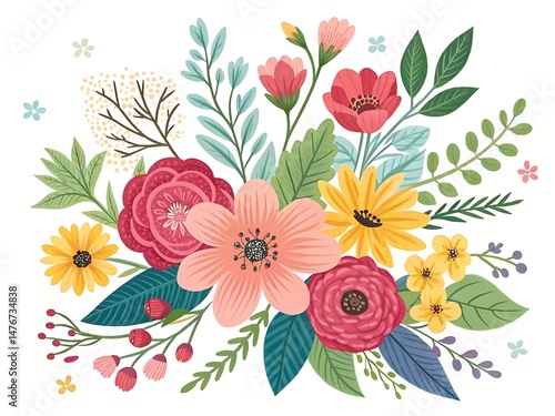 A colorful floral arrangement with a variety of flowers and leaves art