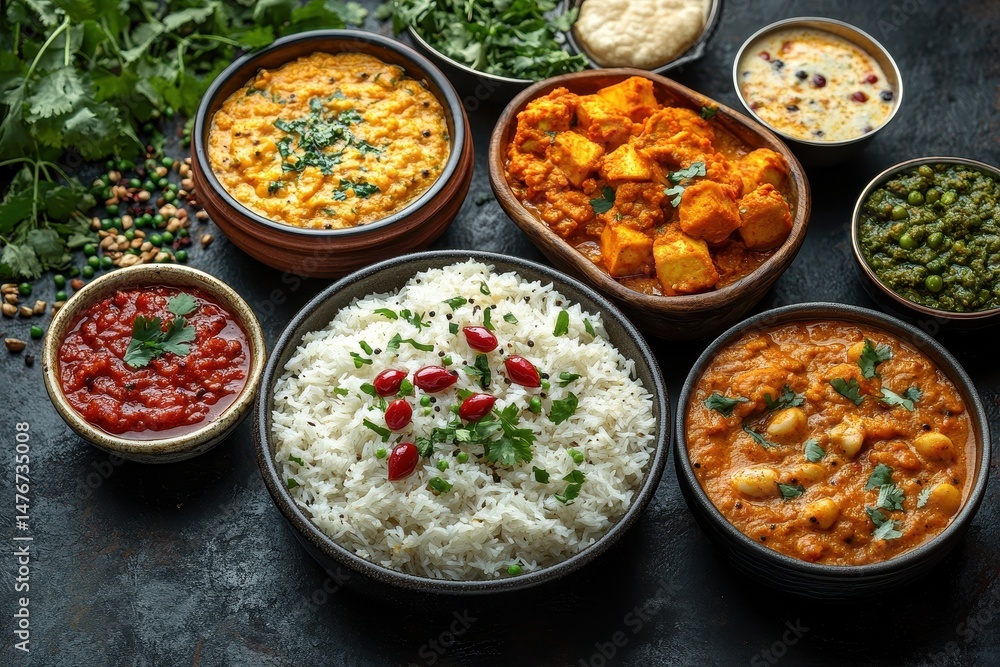Delicious Indian meal with assorted curries and rice served on a dark table Delicious Indian meal with assorted curries and rice served on a dark table