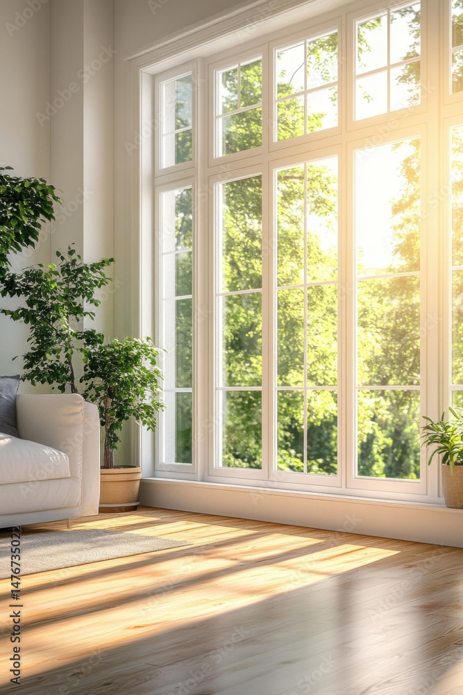 Fototapeta premium Bright sunny interior featuring large windows plants and hardwood floor in a modern living space with natural light streaming in