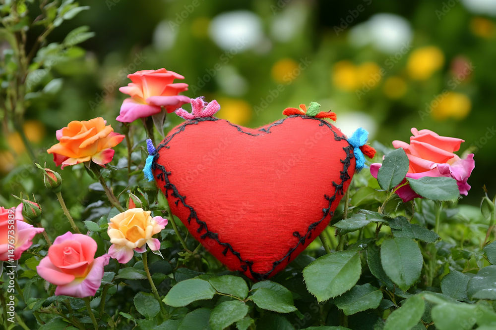 Handmade Heart Amidst Vibrant Rose Garden Blooms Handmade Heart Amidst Vibrant Rose Garden Blooms