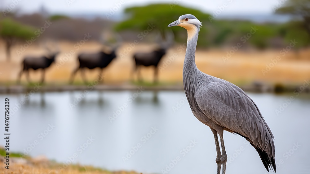 Naklejka premium Elegant Grey Heron Standing Near Tranquil Water with African Buffaloes in the Background