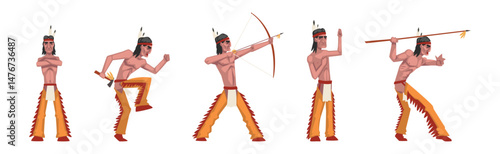 Native American Man Indian In Traditional Clothing with Feather Vector Set