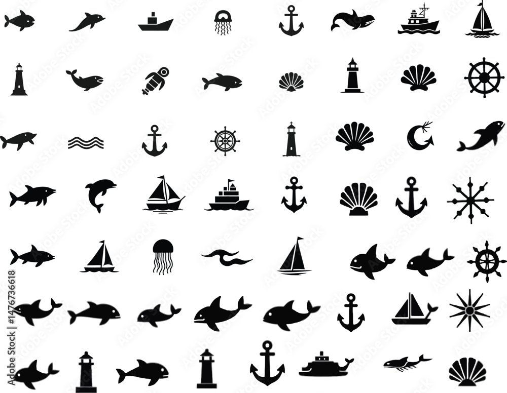 Naklejka premium Collection of solid black silhouette vector icons featuring marine life and nautical elements.