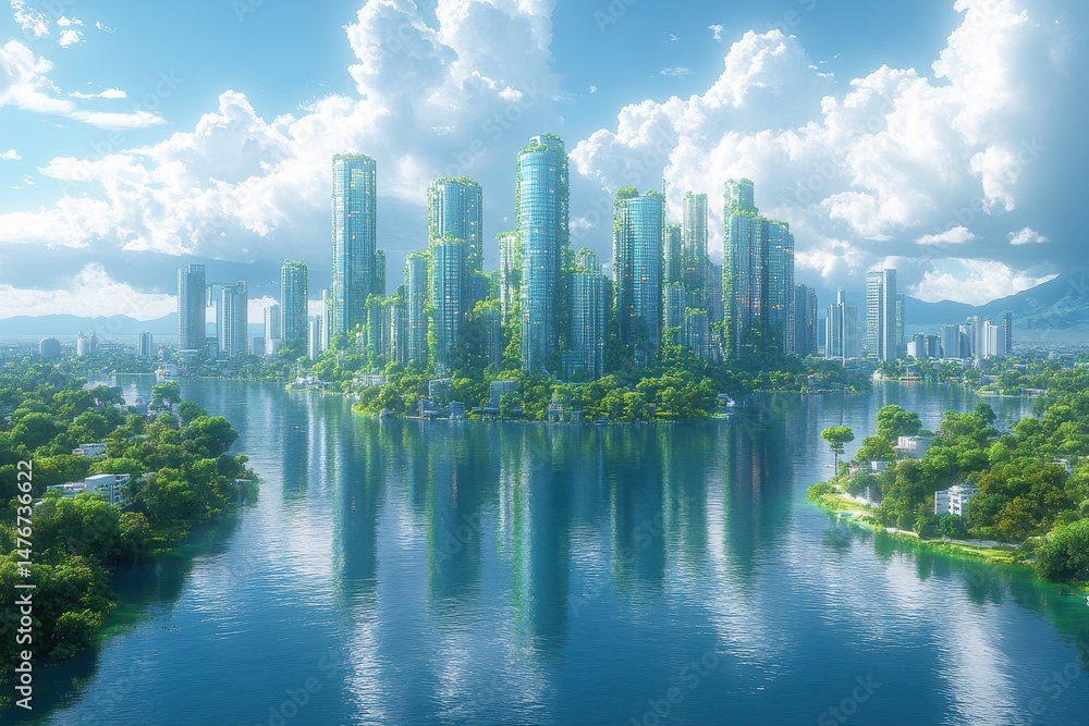 Fototapeta premium Modern city skyline surrounded by lush greenery and serene waters on a bright sunny day