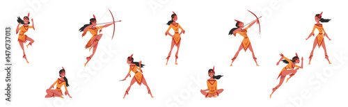 Native American Woman Indian In Traditional Clothing with Feather Vector Set