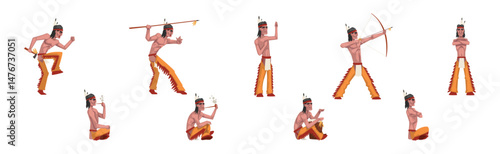 Native American Man Indian In Traditional Clothing with Feather Vector Set