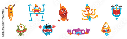 Funny Monster with Spooky Muzzle with Teeth and Bulging Eye Vector Set