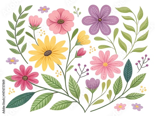 Colorful Floral Arrangement with Pink, Purple, and Yellow Flowers on White Background