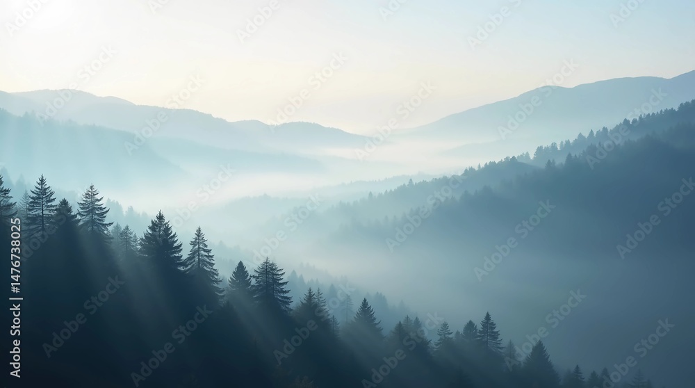 Fototapeta premium Misty Morning Mountain Landscape with Fog and Pine Trees