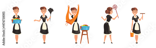 Woman Housemaid in Apron Cleaning House Vector Set