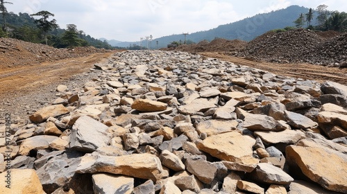 Imported stones laid out for roadbed preparation on site