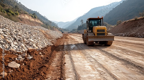 Imported stones laid out for roadbed preparation on site