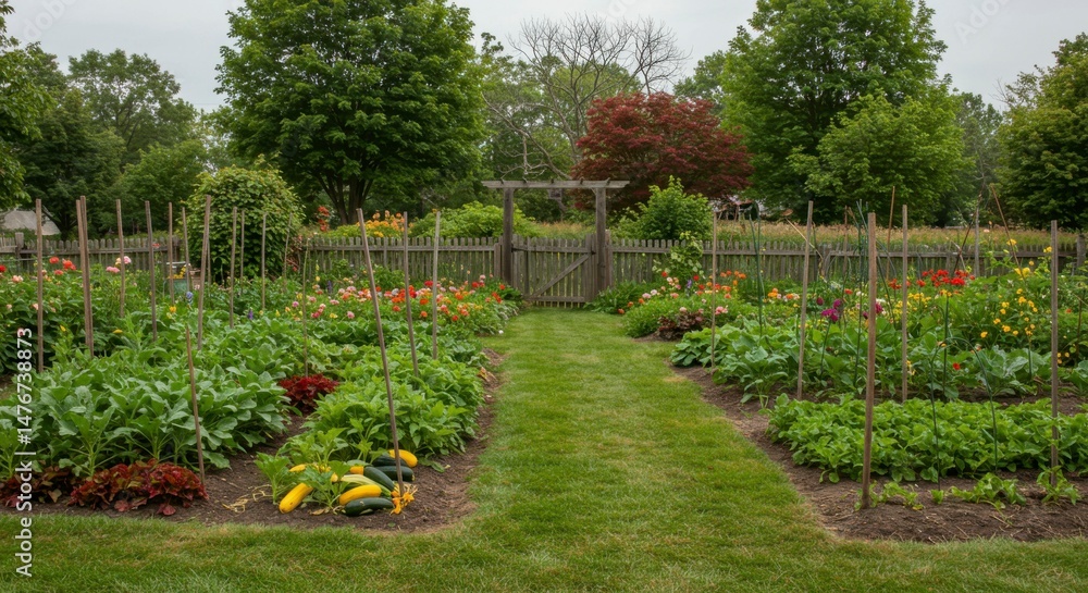 Obraz premium A vibrant garden with rows of vegetables and flowers