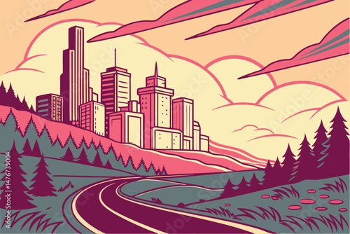 121 bold modern vibrant neon color palette, layered contemporary urban landscape, dynamic architectural skyline, futuristic cityscape, winding road leading to city, lush forest in foreground, dynamic 