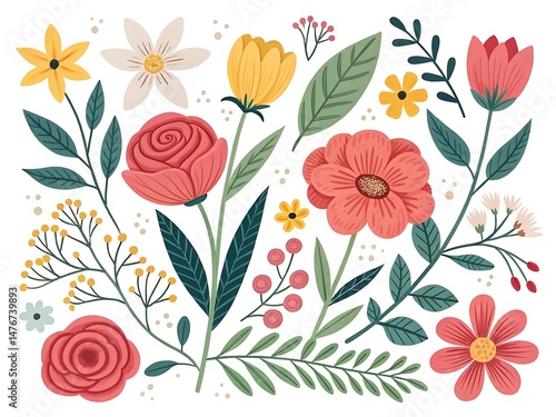 Handdrawn floral arrangement with various flowers and leaves on a white background