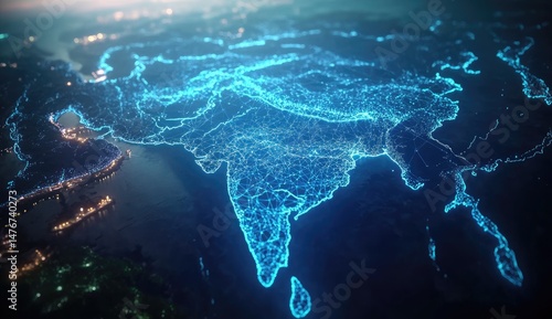 India's interconnected digital network,  a high-tech map.  Cities and pathways light up the landmass, highlighting its global connections